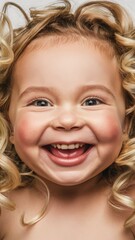 A cheerful preschool child smiles brightly, looking directly at the camera while laughing in a...