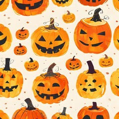 Bright and Playful Festive Pumpkin Pattern for Halloween Delight with Clear Space