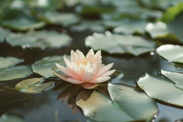 Fototapeta premium A single lotus flower emerging from a pond, its pale pink petals and green leaves creating a tranquil scene. 
