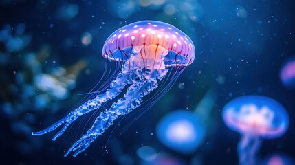 Fototapeta premium A vibrant jellyfish gracefully swims among colorful coral reefs in a serene ocean setting