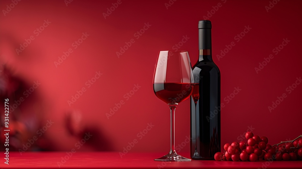 Poster bottle and glass of red wine on a red background copy space : generative ai