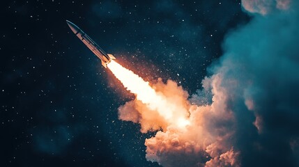 Rocket launch at dawn, ascending through clouds into space above Earth’s atmosphere