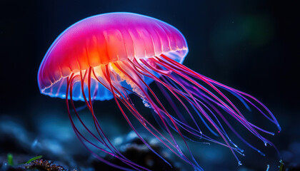 Mesmerizing close-up of a vibrant jellyfish glowing underwater with long, flowing tentacles, showcasing the beauty of marine life.