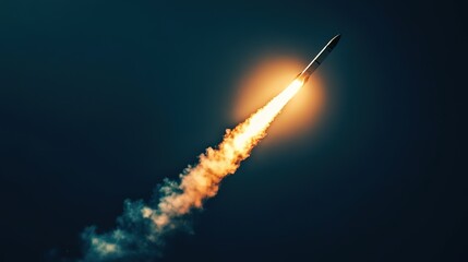 Rocket launch at dawn, ascending through clouds into space above Earth’s atmosphere
