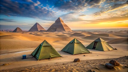 Camping tents set up in front of iconic pyramids in the desert landscape, camping, tents, pyramids, desert, tourist