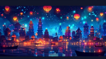 Fototapeta premium A cartoon-style cityscape illuminated with Diwali lights and decorations cartoon Vector Illustration
