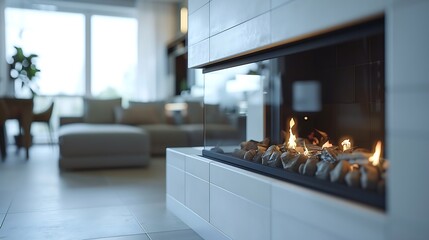 Fireplace on white wall in modern apartment : Generative AI