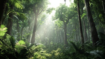 A lush jungle forest with towering trees and dense foliage. The vibrant greens and the sounds of exotic wildlife create a rich and immersive tropical environment.
