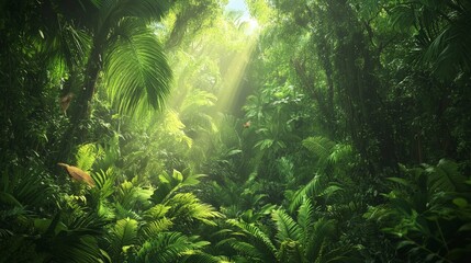 Obraz premium A lush jungle forest with towering trees and dense foliage. The vibrant greens and the sounds of exotic wildlife create a rich and immersive tropical environment.