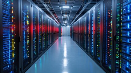 Fototapeta premium A high-tech data center with rows of servers and network equipment