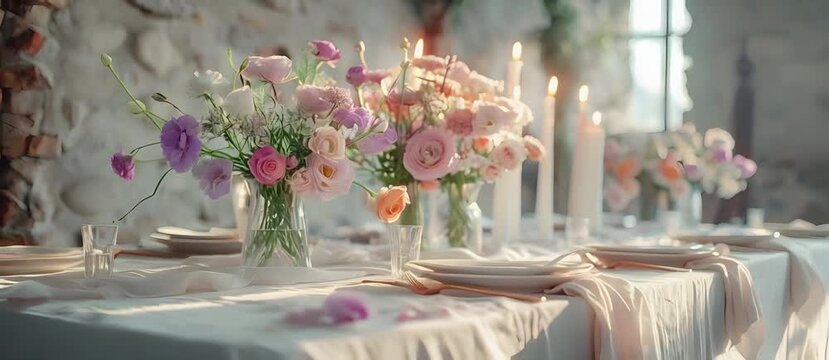Beautiful table setting with eustoma flowers and candles for wedding celebration.