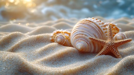 A close-up of seashells and starfish on a sandy beach background with wavy lines in the sand