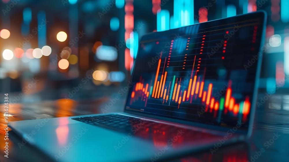 Leinwandbilder A laptop with double exposure of financial graphs symbolizing market analysis on a blurred office background concept of business analytics : Generative AI