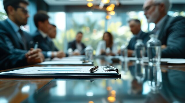 team businessmen are meeting with board of directors  discuss investing real estate and discussing budgets and operating results at meeting business consultant attending meeting with c : Generative AI