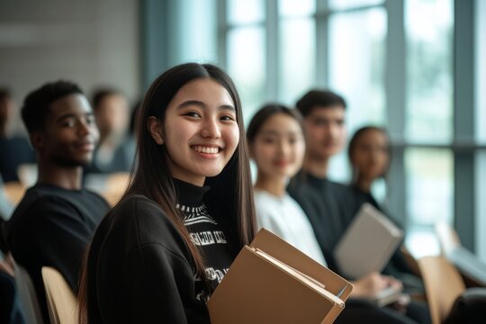 As college students of different races prepare to go to class for the new semester, the overall picture conveys a sense of confidence and youthful exuberance.