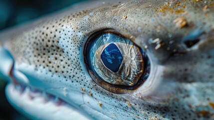 Close-up of a shark's eye with a blue iris and a reflection of the ocean