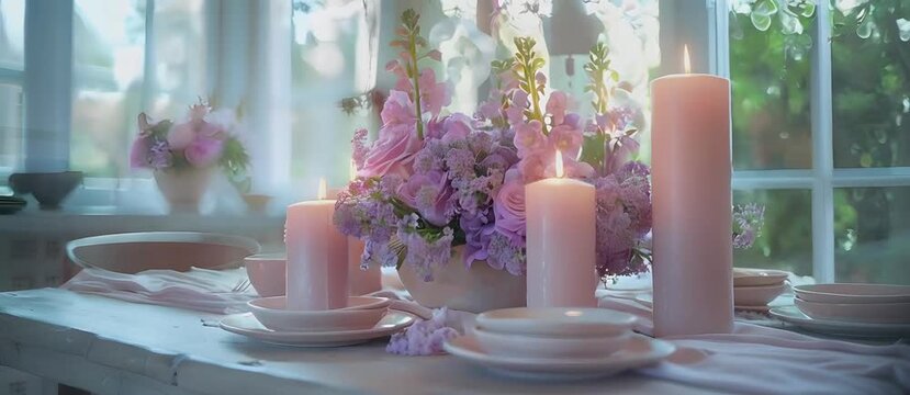 Beautiful table setting with eustoma flowers and candles for wedding celebration.