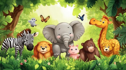 A group of cartoon animals in a lush green jungle. The animals include a zebra, elephant, lion, bear, pig, giraffe, and a bird. There are also two butterflies flying in the air.