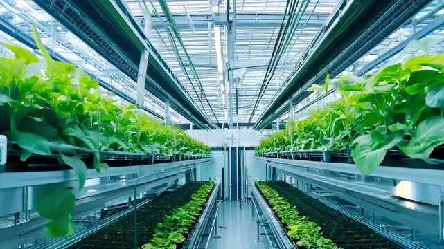 Modern indoor vertical farm with lush green crops under bright led lights