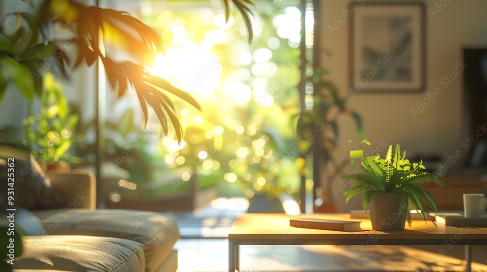 Poster blur image of living room with furniture at home with sunlight for background usage blur interior co