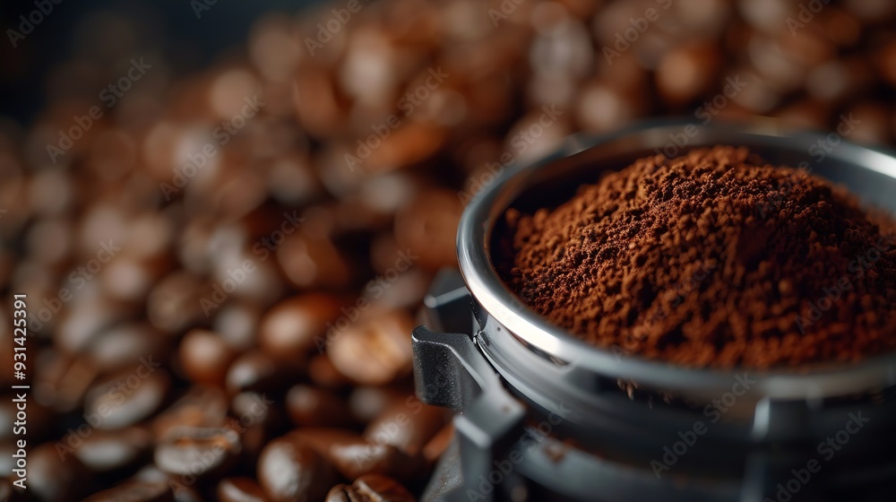 Poster tamped puck of coffee grounds within basket of portafilter and coffee beans spilled around in a dark