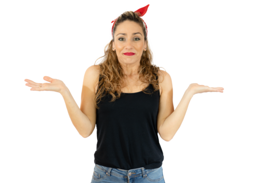 Pensive woman in casual clothes with open hands gesture, standing isolated on transparent background.