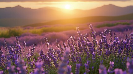 The sunset casts a warm glow over a lavender field, with mountains completing the landscape.
