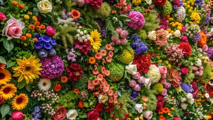 Vibrant floral wall with a variety of colorful blooms and lush seasonal flowers , Vibrant, floral, wall, arrangement, variety