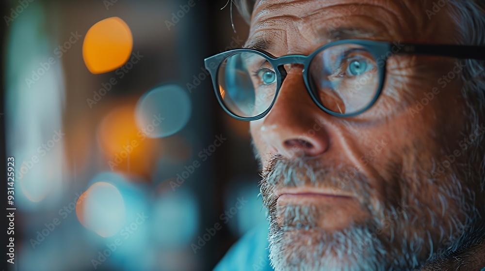 Aufkleber mature man and computer or serious thinking planning and online vision for business review or email 