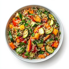 Design a visually appealing bowl of quinoa salad with roasted vegetables, including bell peppers, zucchini, and carrots, on a pristine white background.