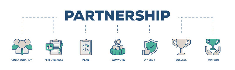 Partnership icons process structure web banner illustration of collaboration, performance, plan, teamwork, synergy, success and win win solution icon png transparent background.