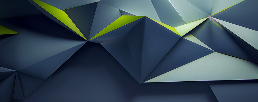Geometric 3D triangular background. Abstract three-dimensional triangular lime green and metallic blue banner