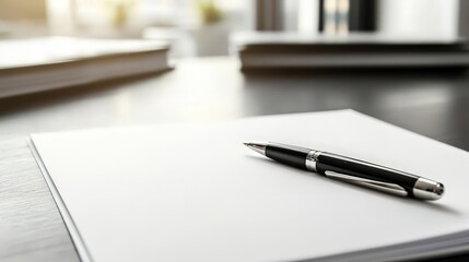 A modern office desk with a sleek notepad and a pen lying on top of a crisp sheet of paper. 