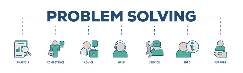 Problem solving icons process structure web banner illustration of analysis, critical thinking, creativity, emotional intelligence, research, team building  icon png transparent background.