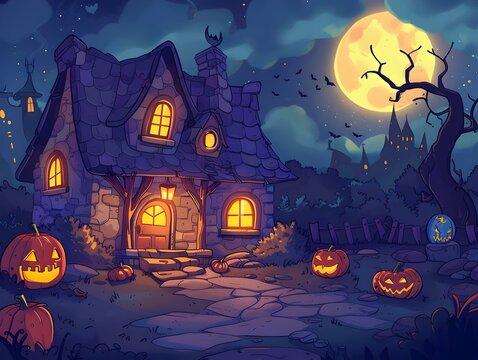 Enchanting Haunted House in Spooky Halloween Night Landscape with Pumpkins  Bats  and Glowing Lights