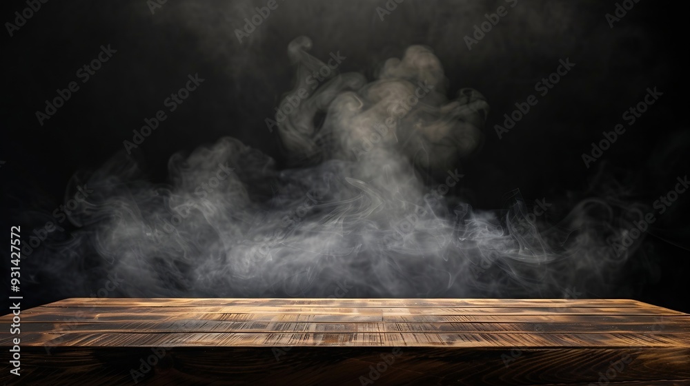 Poster On a black background an empty wooden table with smoke floats up Empty space for displaying your products with a smoke float up on a dark background Space available for displaying your : Generative AI