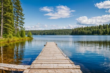 Beautiful lake scene with a wooden dock and mountains in the background, perfect for nature and relaxation themes. 