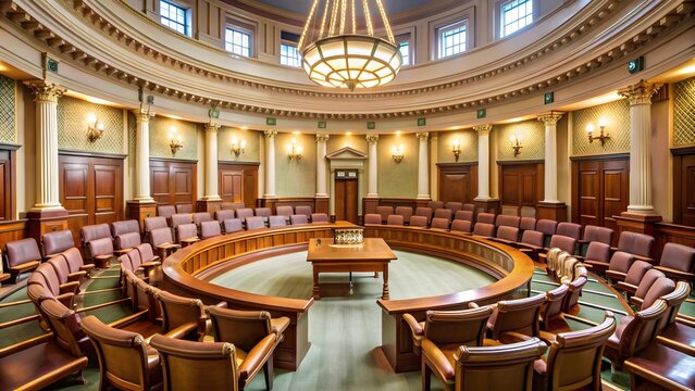 Classical council chamber with elegant curved seating arrangement , congress, government, forum
