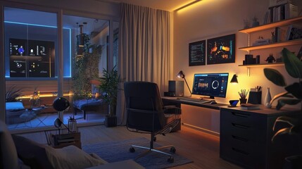 A stylish home office setup where an individual controls the room&rsquo;s lighting, temperature, and smart devices using a tablet. The environment is optimized for productivity and comfort, with smart 