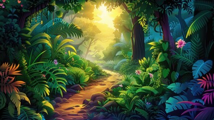 Obraz premium Sunlit Path Through a Lush Tropical Jungle