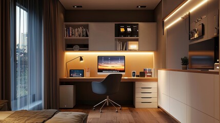 A stylish home office setup where an individual controls the room’s lighting, temperature, and smart devices using a tablet. The environment is optimized for productivity and comfort, with smart 