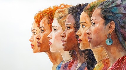 Obraz premium Watercolor Painting of Diverse Women in Profile, Celebrating Unity and Beauty.