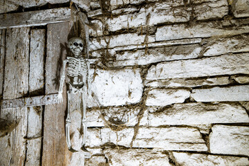 scary Halloween background with Jack'o'lanterns and skeleton