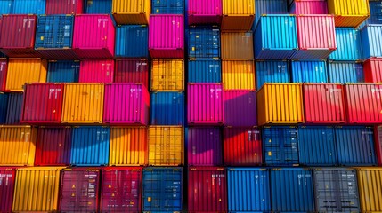 Fototapeta premium Stacked container boxes on a cargo ship, top view.