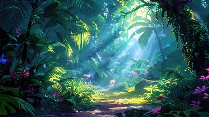 Obraz premium A Path Through a Lush, Sun-Dappled Tropical Forest