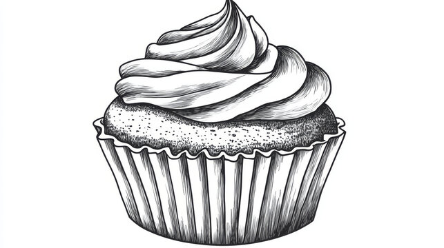 Cupcake with cream and silver decoration sketched in a black line hand drawn style on a white background.
