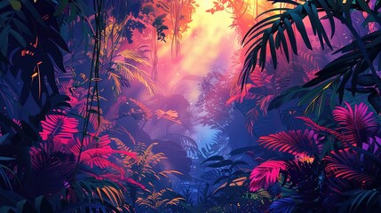 Vibrant Tropical Foliage Under a Pink and Orange Glow