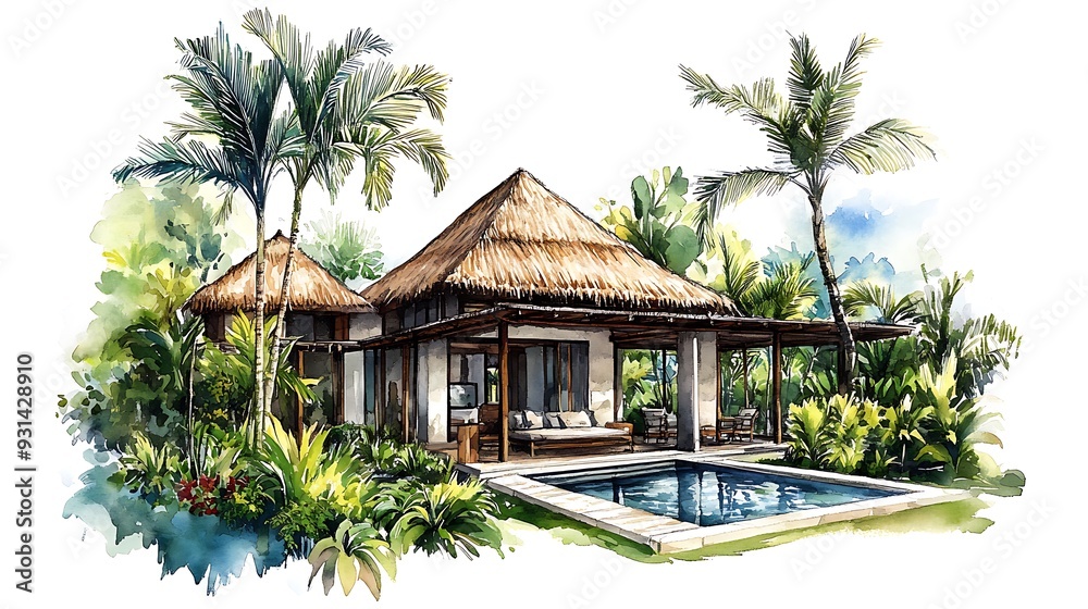 Canvas Prints Watercolor Illustration of a Tropical Villa with a Private Pool.