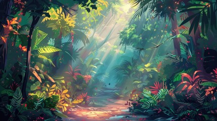 Lush Tropical Rainforest with Sunbeams Illuminating the Foliage