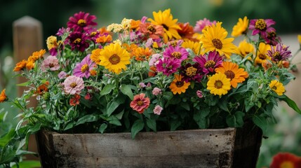 A rustic flower garden featuring a mix of sunflowers, zinnias, and marigolds.